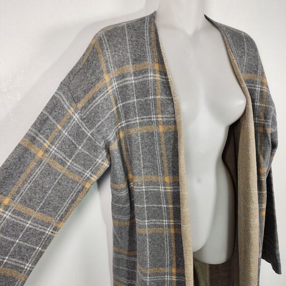 LOFT Outlet Cardigan Sweater Gray Tan Plaid Open Front Academia Preppy Size LP - Picture 3 of 11